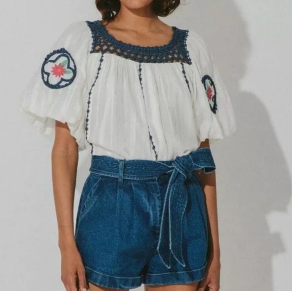 Cleobella | Navi Embroidered White and Blue Women's Top - Picture 4 of 11